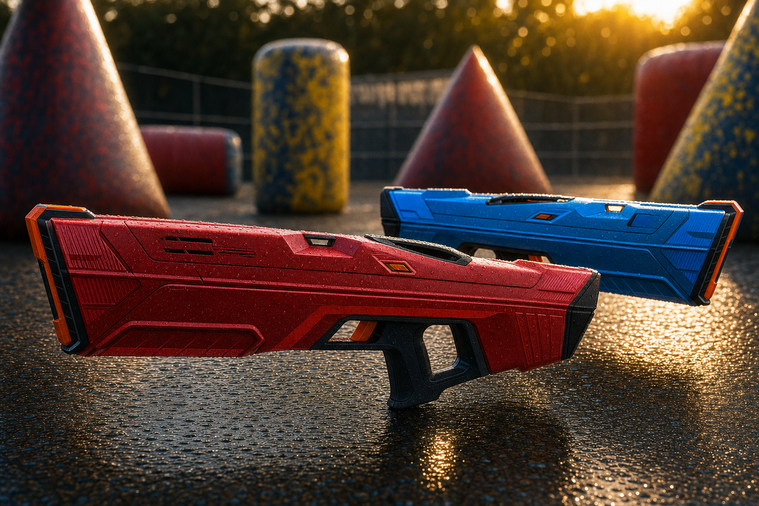 Red and blue premium electric water blasters on wet ground with colorful barricades behind them
