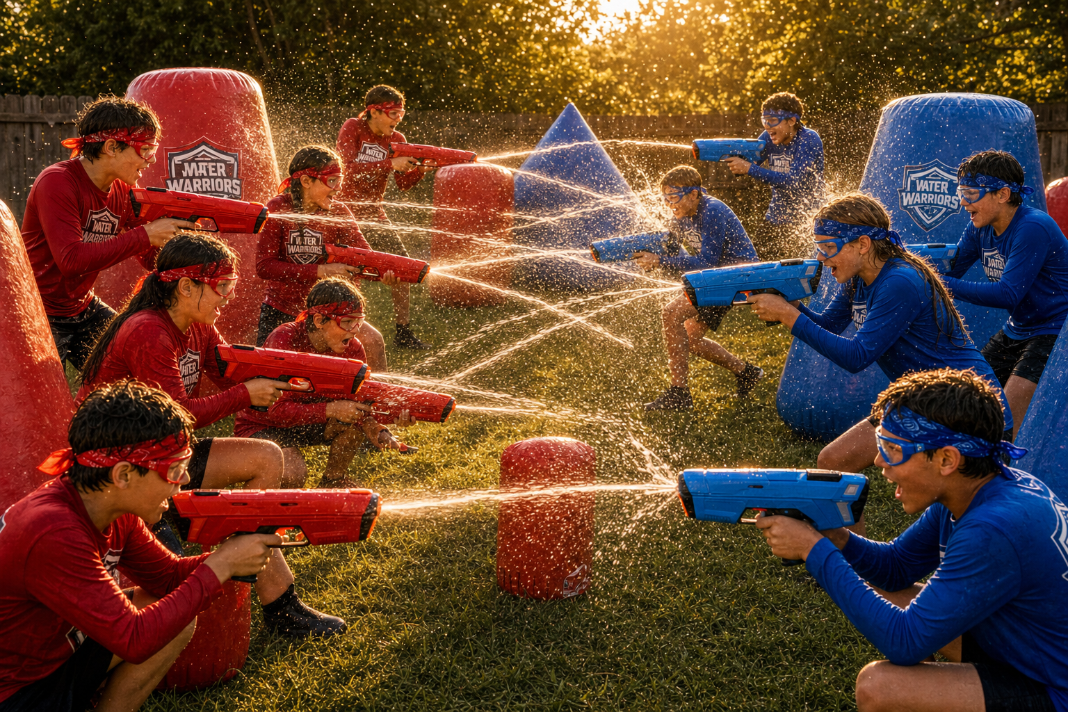 Wide battlefield view of a Water Warriors kids' water battle, five red-team and five blue-team players with matching bandanas and blasters, inflatable barricades set up across a sunlit lawn
