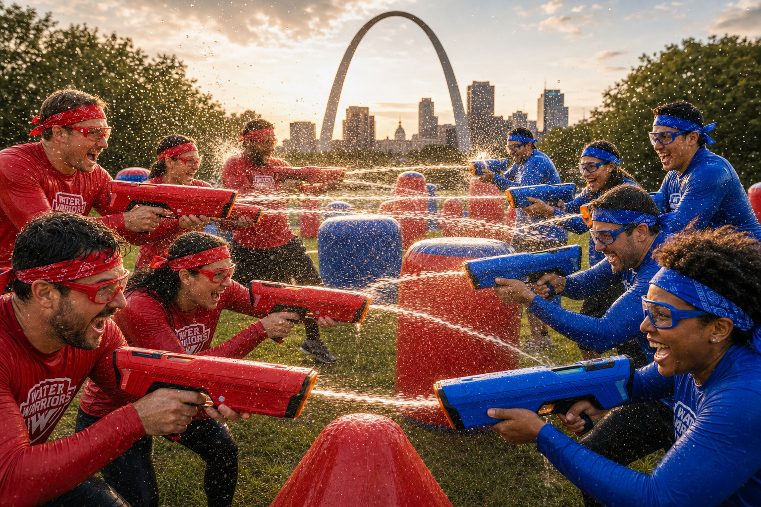 Wide battlefield view of a Water Warriors corporate team-building water battle in St. Louis with the Gateway Arch behind, five red-team and five blue-team professionals with matching bandanas and blasters, inflatable barricades across a park lawn